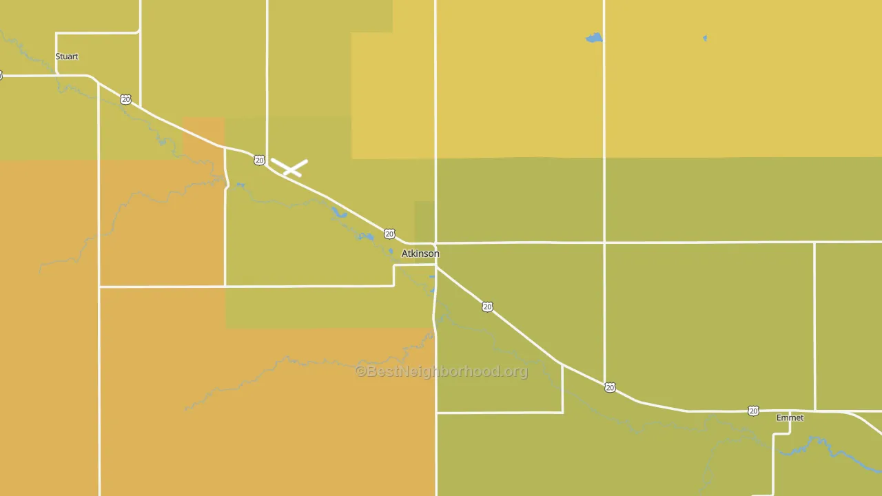 Map of the best neighborhoods in the 68713 area, with better matches in green and worse matches in red
