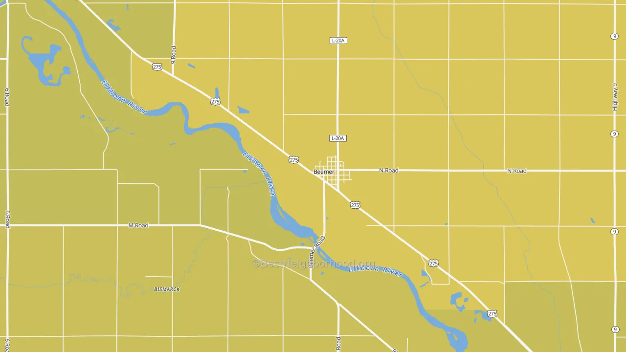 Map of the best neighborhoods in the 68716 area, with better matches in green and worse matches in red