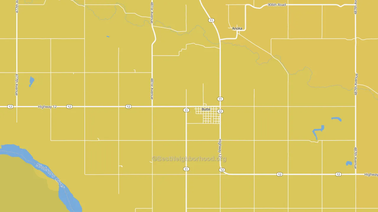 Map of the best neighborhoods in the 68722 area, with better matches in green and worse matches in red