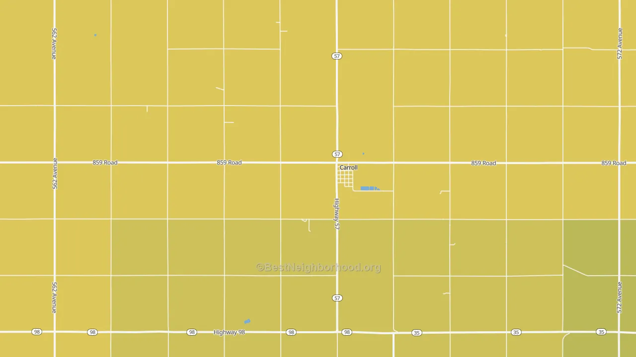 Map of the best neighborhoods in the 68723 area, with better matches in green and worse matches in red