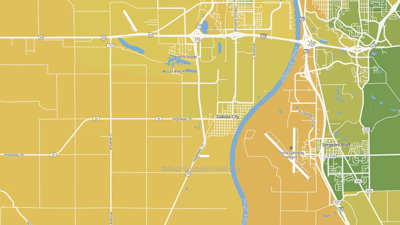 Map of the best neighborhoods in the 68731 area, with better matches in green and worse matches in red