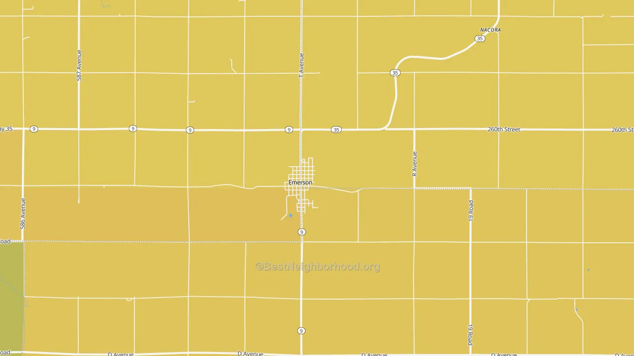 Map of the best neighborhoods in the 68733 area, with better matches in green and worse matches in red