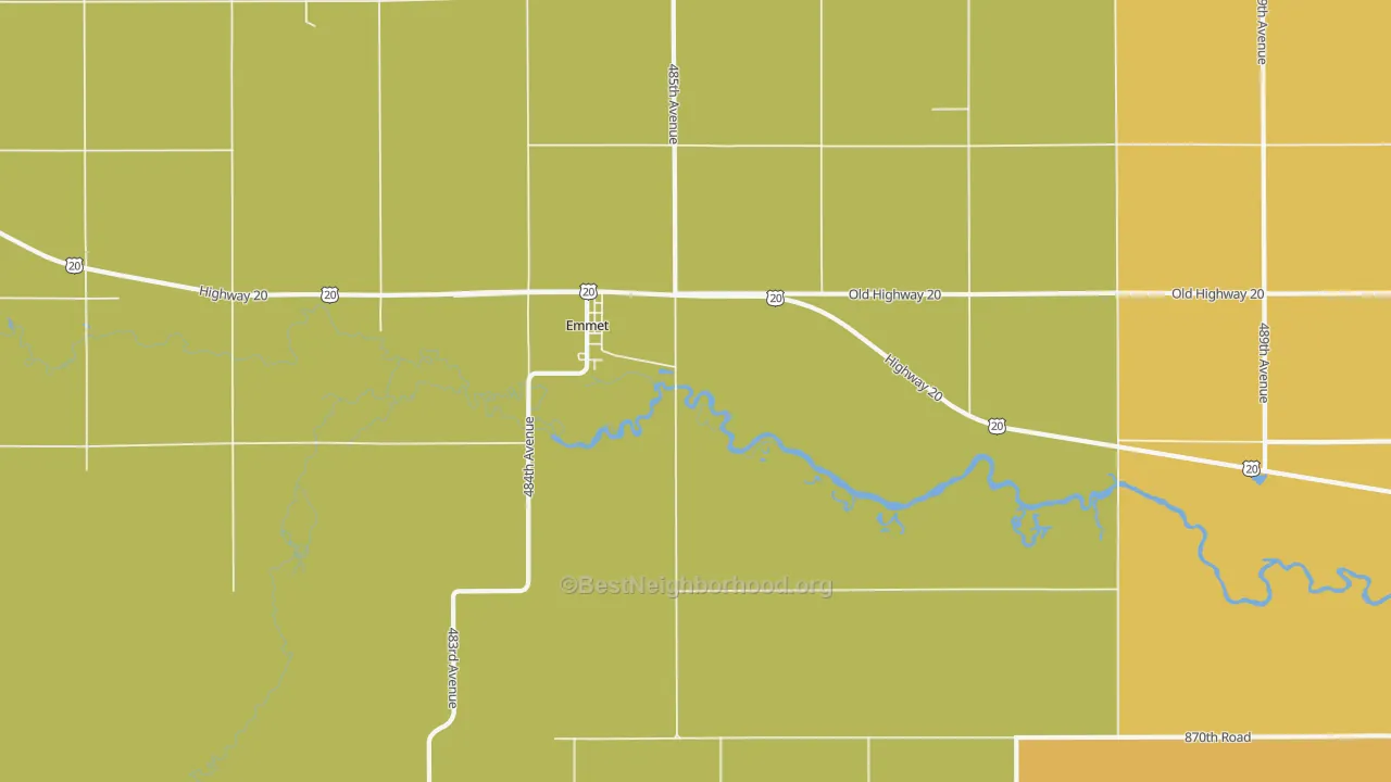 Map of the best neighborhoods in the 68734 area, with better matches in green and worse matches in red