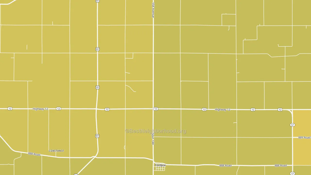 Map of the best neighborhoods in the 68736 area, with better matches in green and worse matches in red
