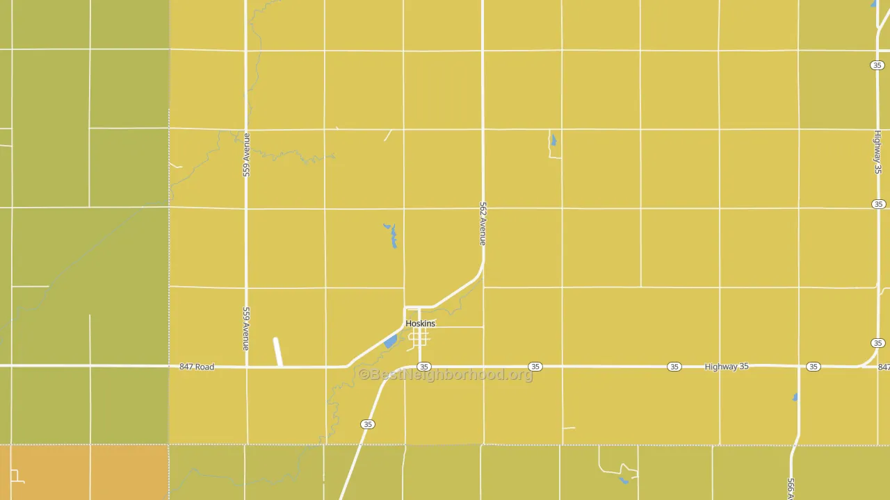 Map of the best neighborhoods in the 68740 area, with better matches in green and worse matches in red
