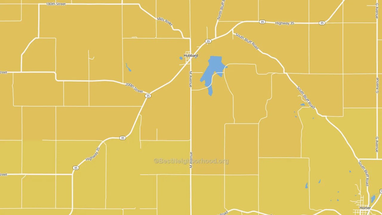 Map of the best neighborhoods in the 68741 area, with better matches in green and worse matches in red