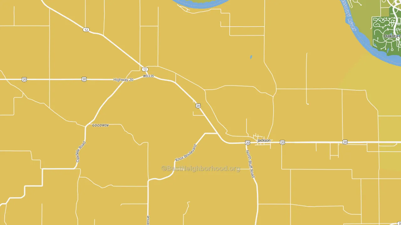 Map of the best neighborhoods in the 68743 area, with better matches in green and worse matches in red