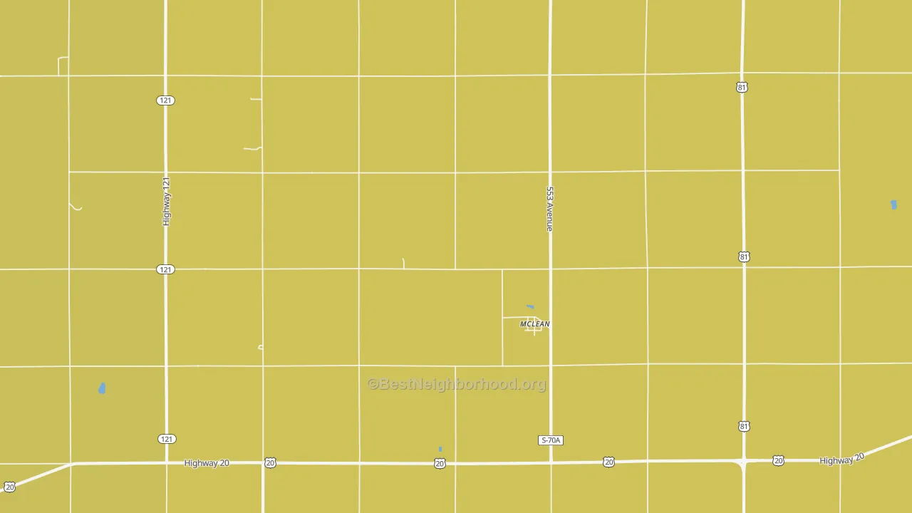 Map of the best neighborhoods in the 68747 area, with better matches in green and worse matches in red