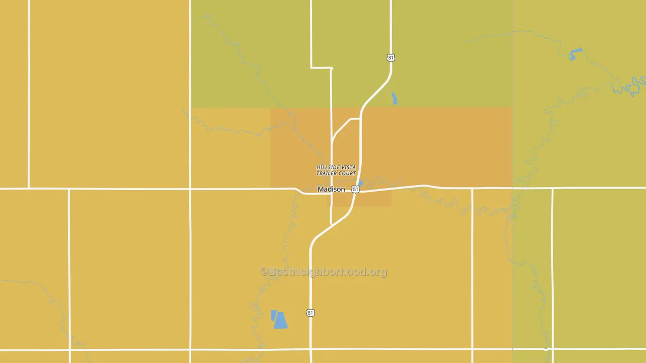 Map of the best neighborhoods in the 68748 area, with better matches in green and worse matches in red