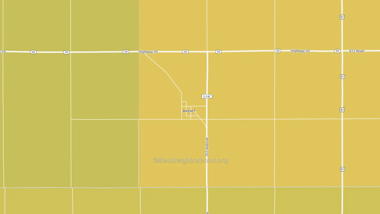 Map of the best neighborhoods in the 68749 area, with better matches in green and worse matches in red