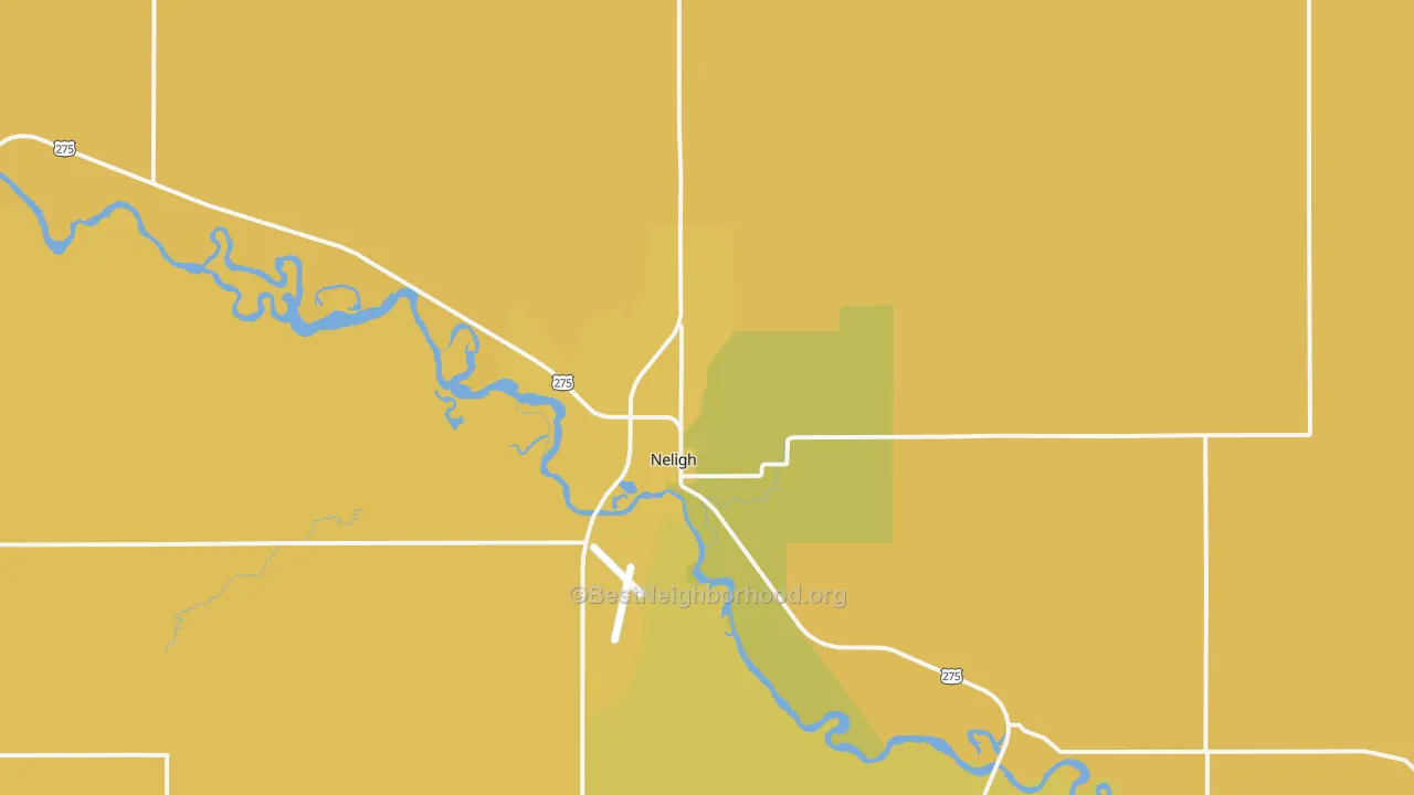 Map of the best neighborhoods in the 68756 area, with better matches in green and worse matches in red