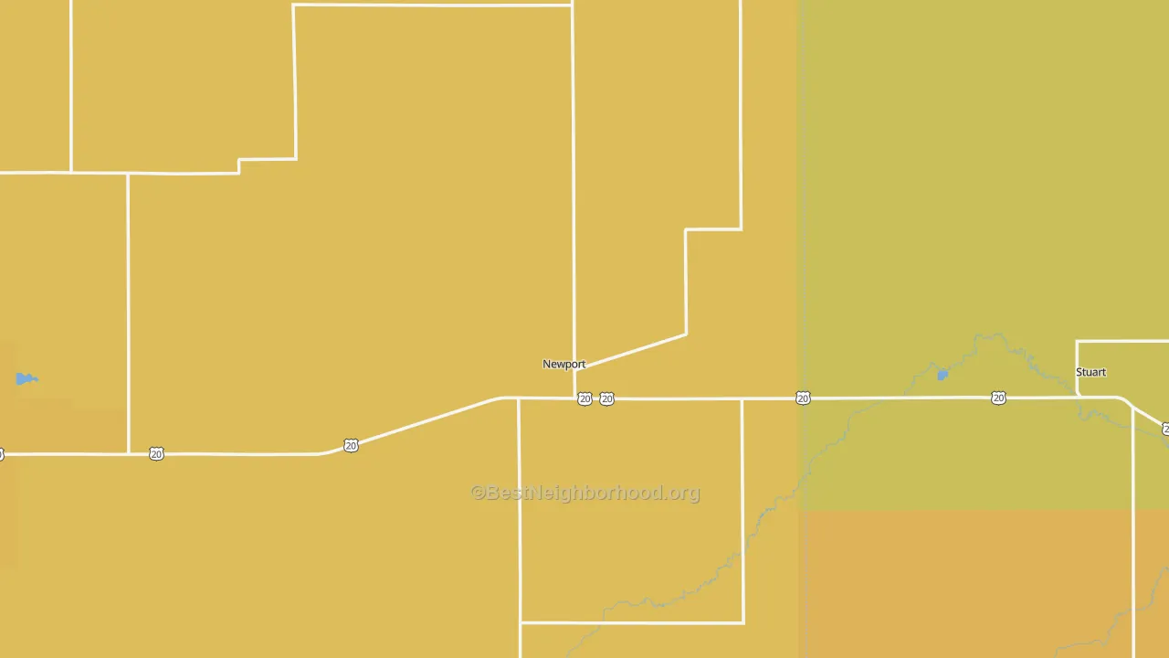 Map of the best neighborhoods in the 68759 area, with better matches in green and worse matches in red
