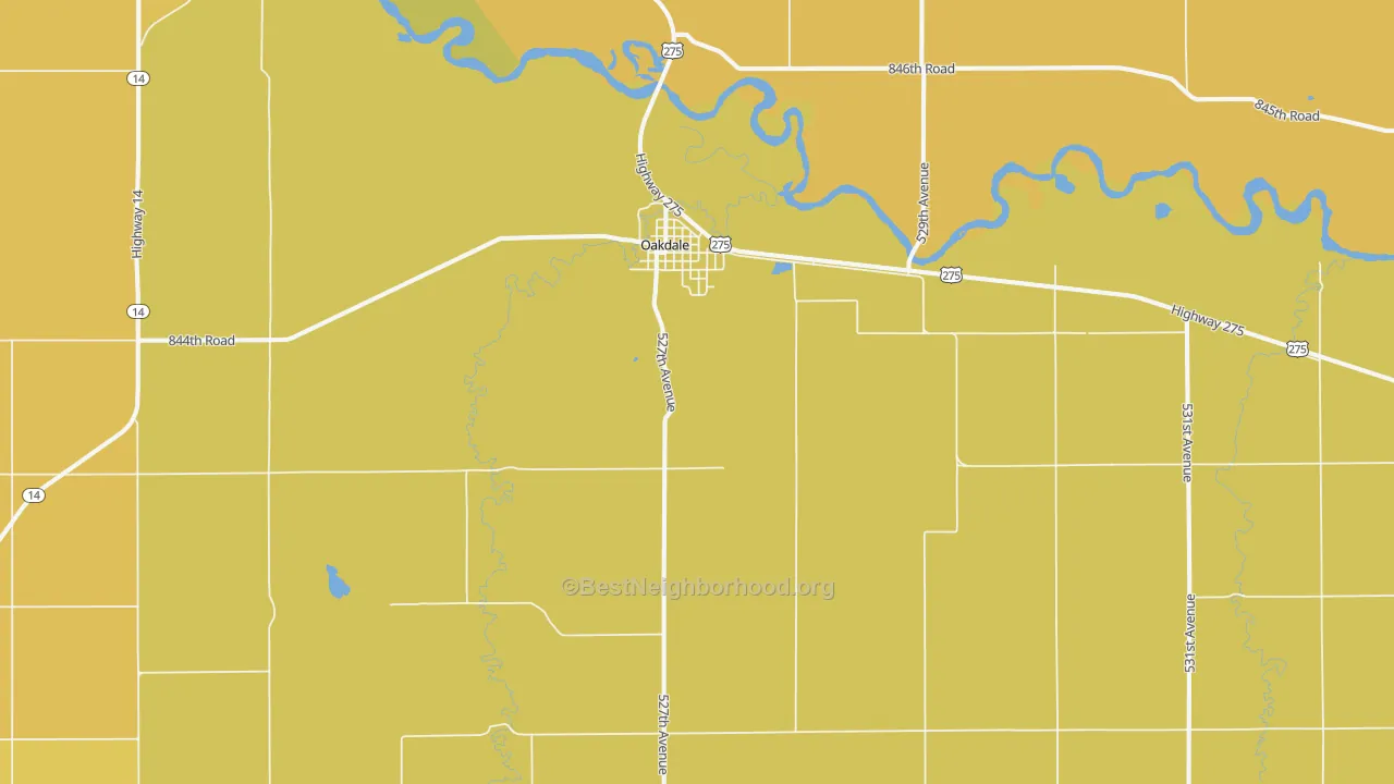 Map of the best neighborhoods in the 68761 area, with better matches in green and worse matches in red