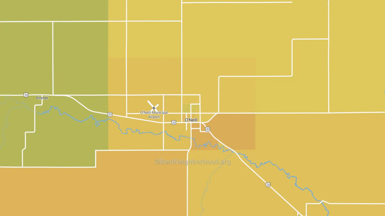 Map of the best neighborhoods in the 68763 area, with better matches in green and worse matches in red