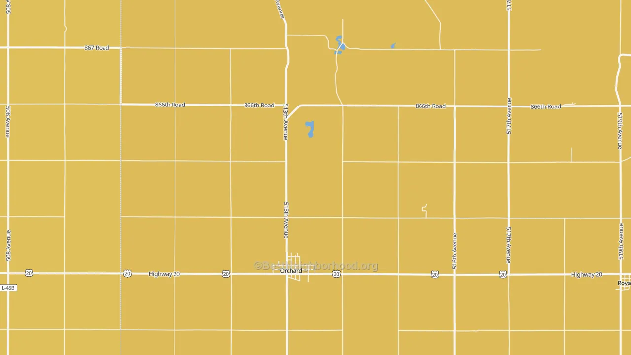 Map of the best neighborhoods in the 68764 area, with better matches in green and worse matches in red
