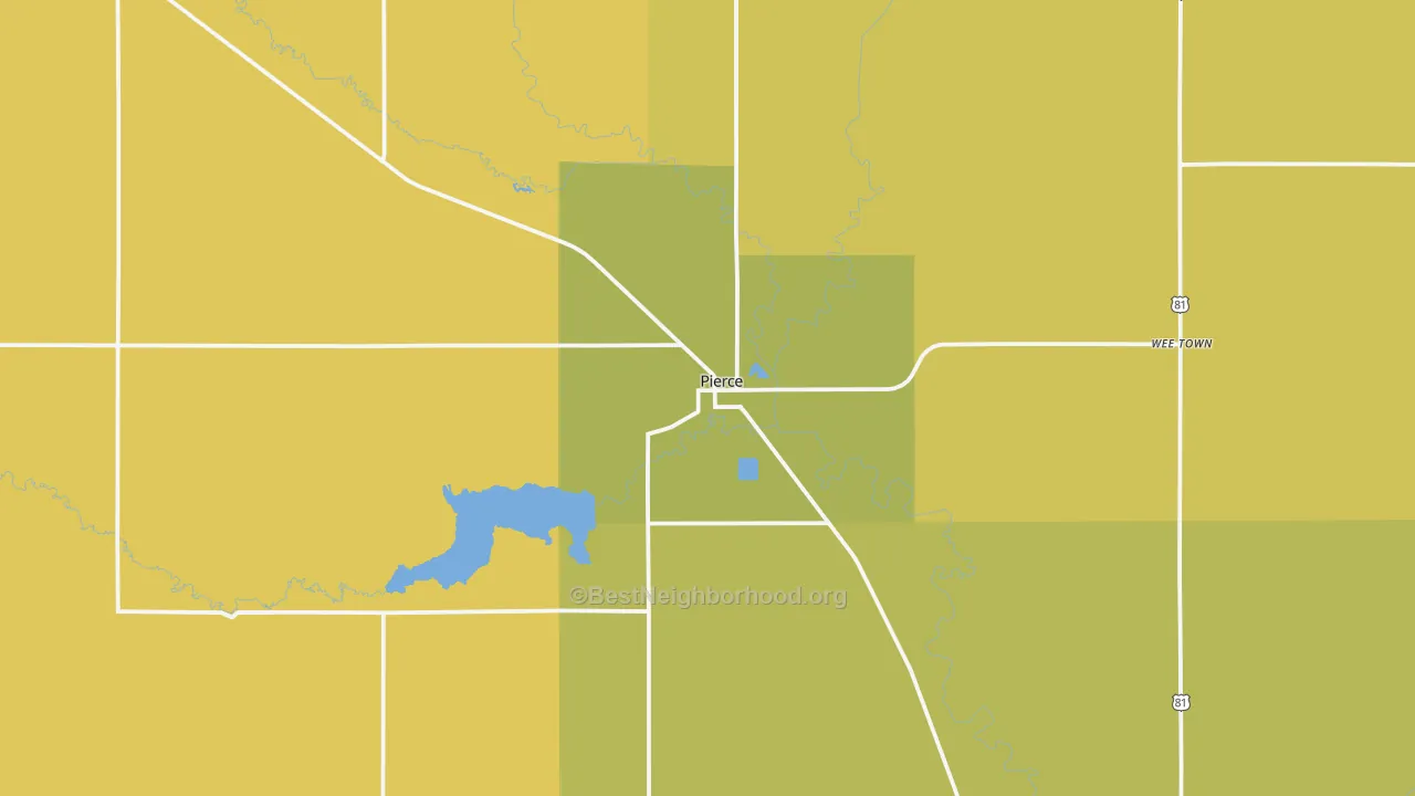 Map of the best neighborhoods in the 68767 area, with better matches in green and worse matches in red
