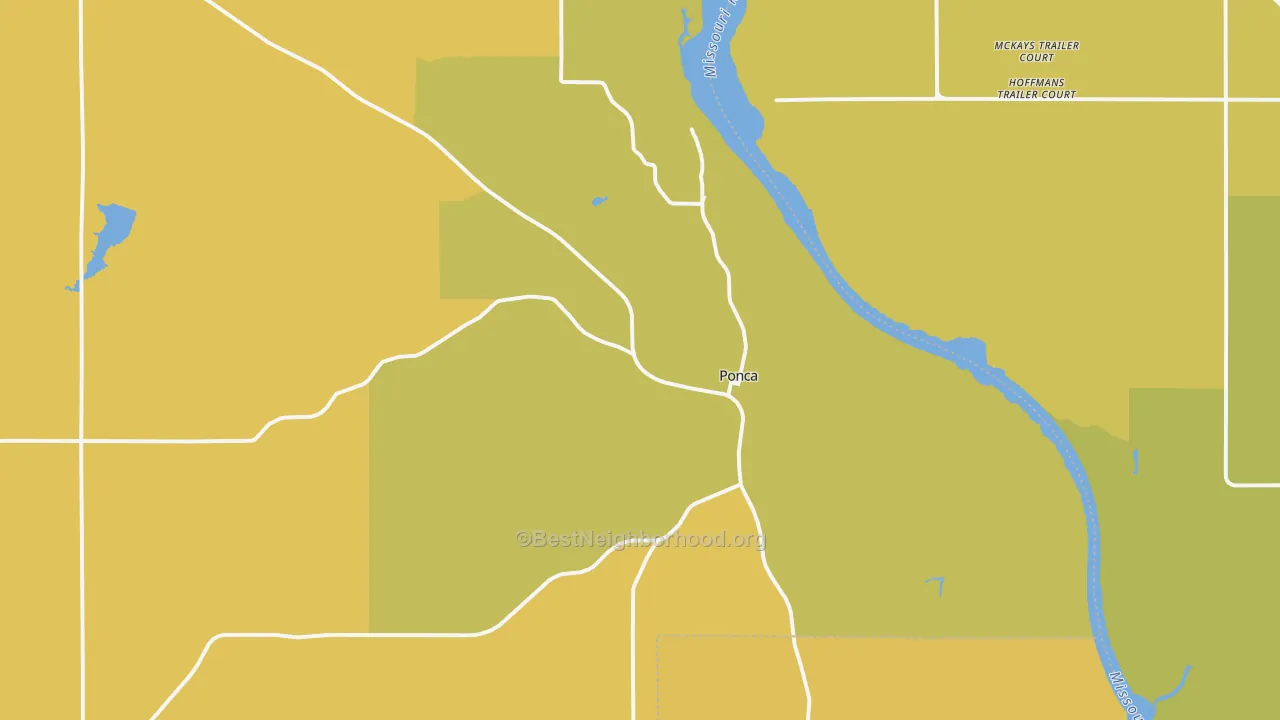 Map of the best neighborhoods in the 68770 area, with better matches in green and worse matches in red