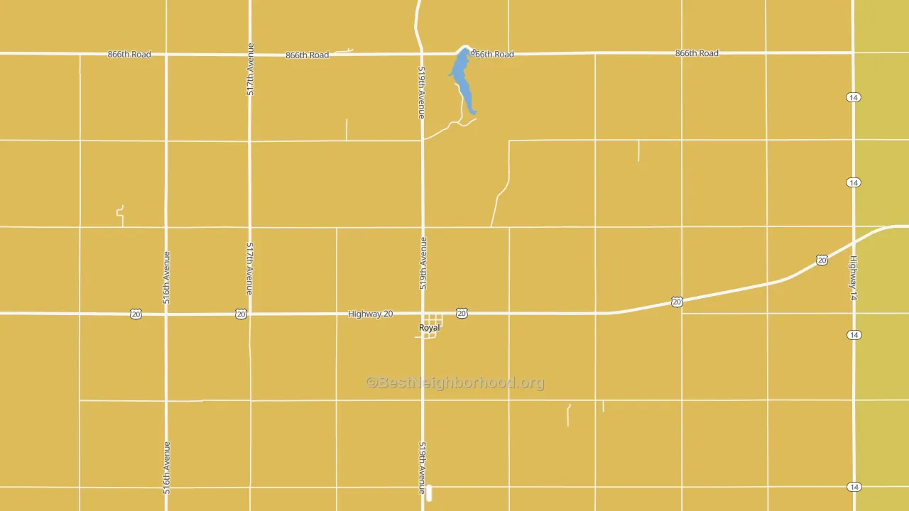Map of the best neighborhoods in the 68773 area, with better matches in green and worse matches in red
