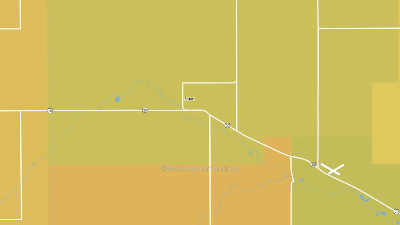 Map of the best neighborhoods in the 68780 area, with better matches in green and worse matches in red