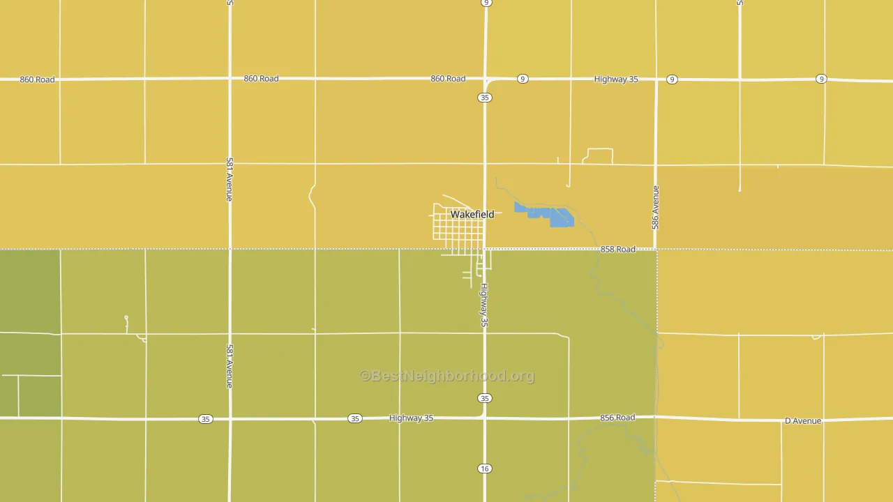 Map of the best neighborhoods in the 68784 area, with better matches in green and worse matches in red