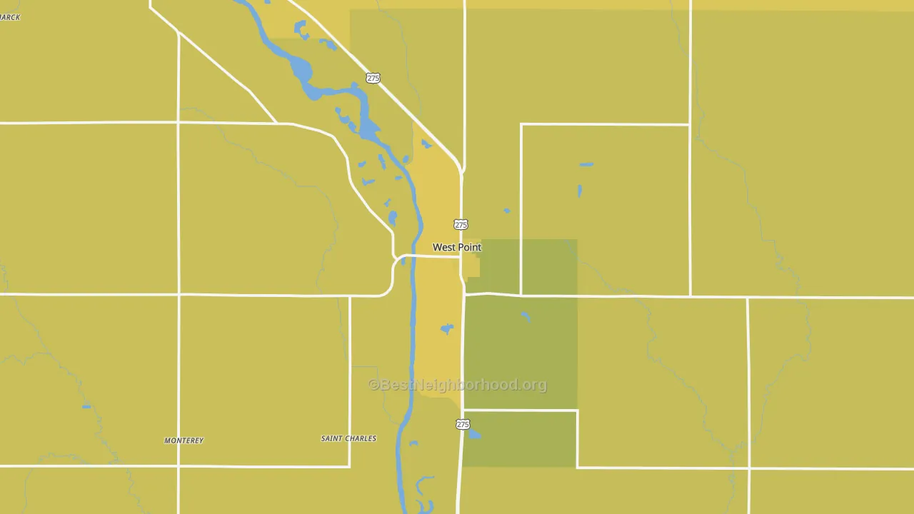 Map of the best neighborhoods in the 68788 area, with better matches in green and worse matches in red