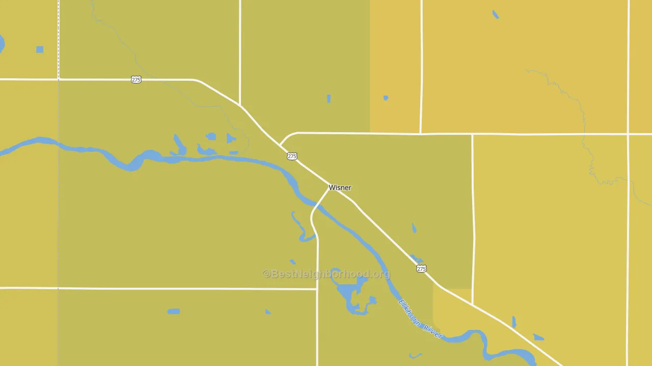 Map of the best neighborhoods in the 68791 area, with better matches in green and worse matches in red