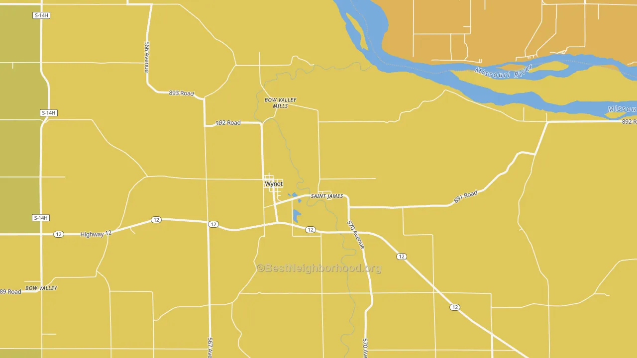 Map of the best neighborhoods in the 68792 area, with better matches in green and worse matches in red