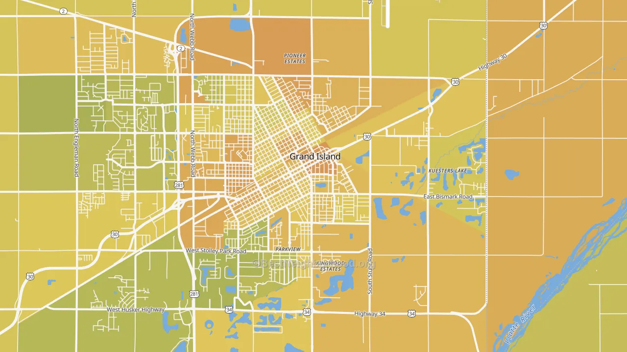 Map of the best neighborhoods in the 68801 area, with better matches in green and worse matches in red
