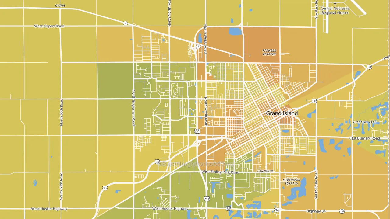 Map of the best neighborhoods in the 68803 area, with better matches in green and worse matches in red