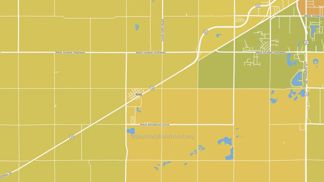 Map of the best neighborhoods in the 68810 area, with better matches in green and worse matches in red
