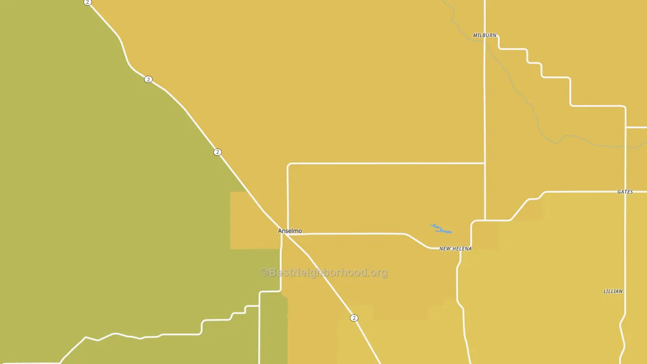 Map of the best neighborhoods in the 68813 area, with better matches in green and worse matches in red