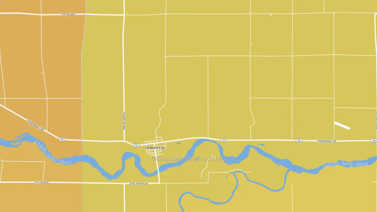 Map of the best neighborhoods in the 68820 area, with better matches in green and worse matches in red