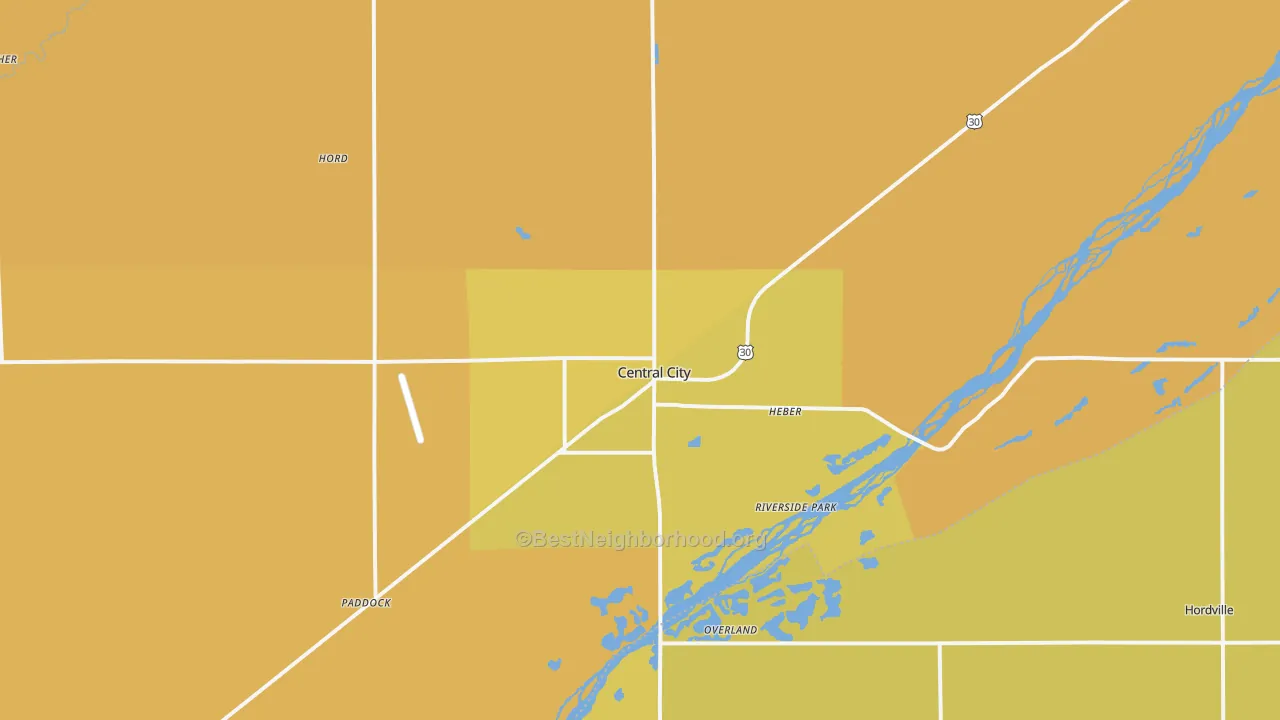 Map of the best neighborhoods in the 68826 area, with better matches in green and worse matches in red