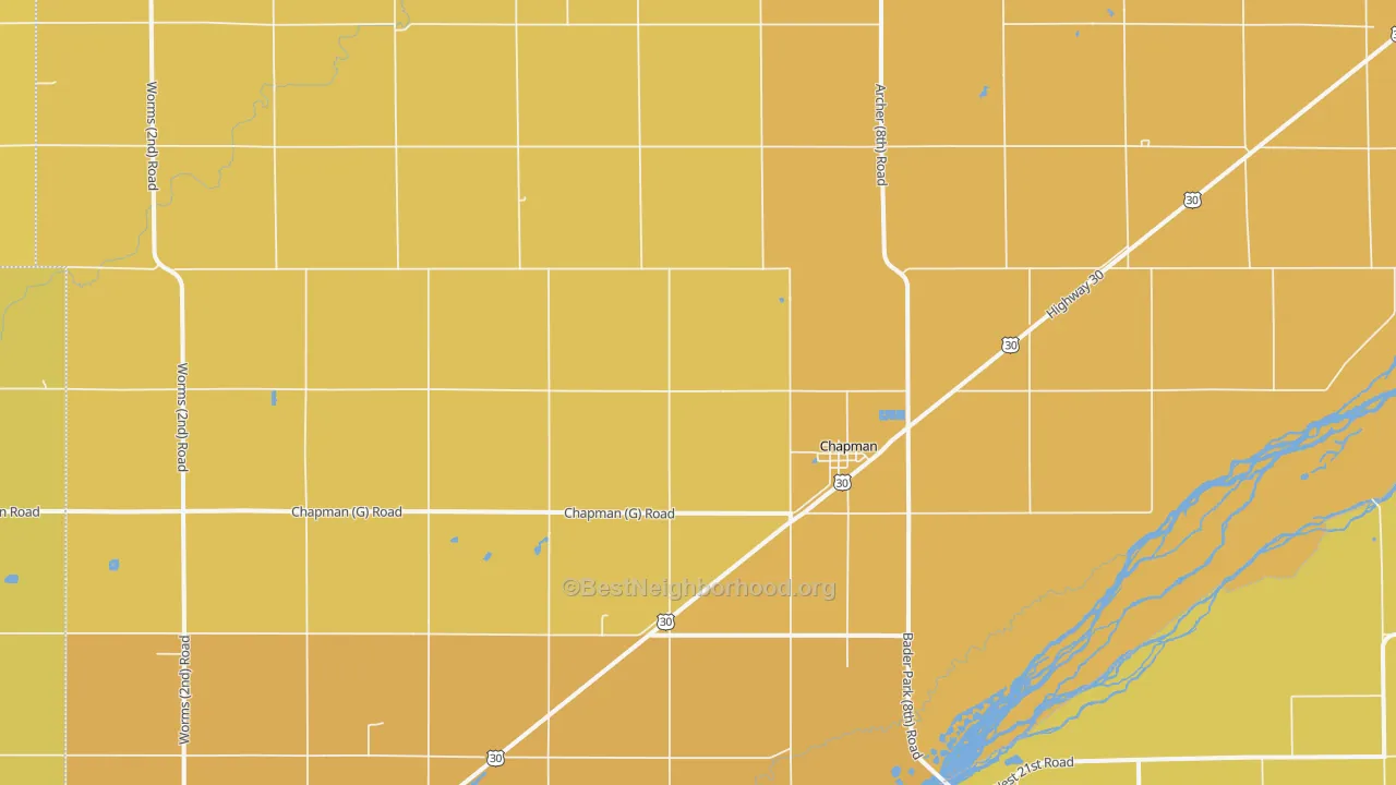 Map of the best neighborhoods in the 68827 area, with better matches in green and worse matches in red