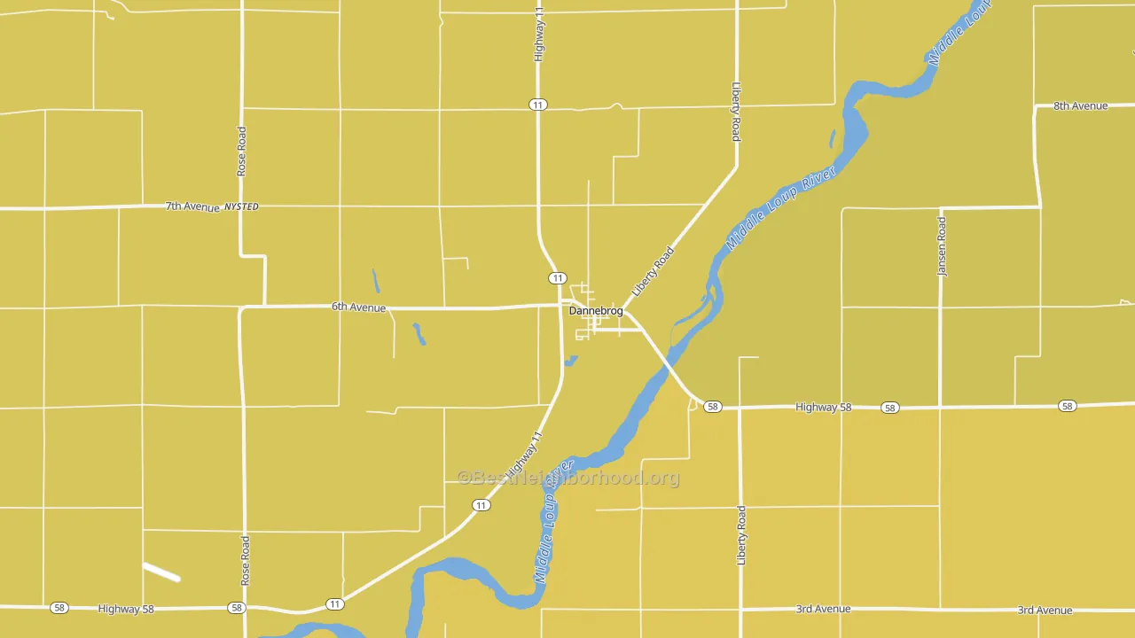 Map of the best neighborhoods in the 68831 area, with better matches in green and worse matches in red