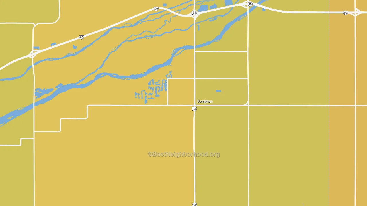 Map of the best neighborhoods in the 68832 area, with better matches in green and worse matches in red