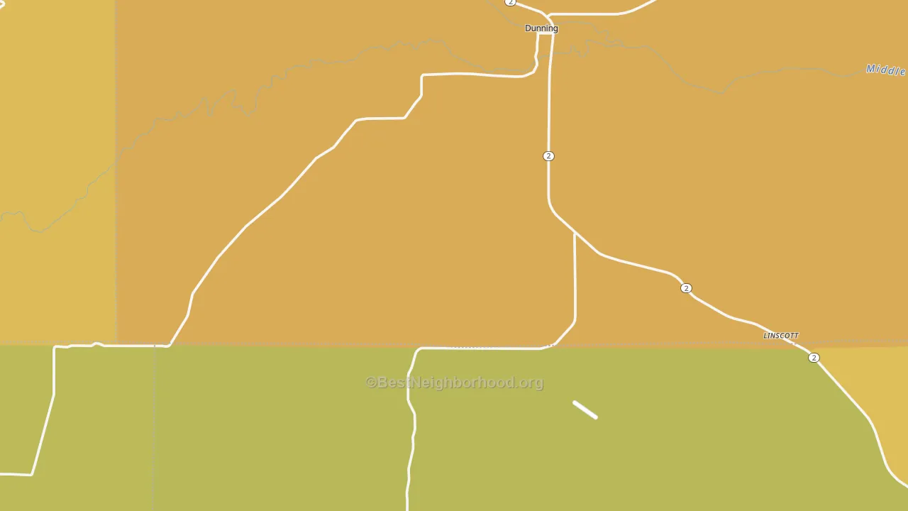 Map of the best neighborhoods in the 68833 area, with better matches in green and worse matches in red