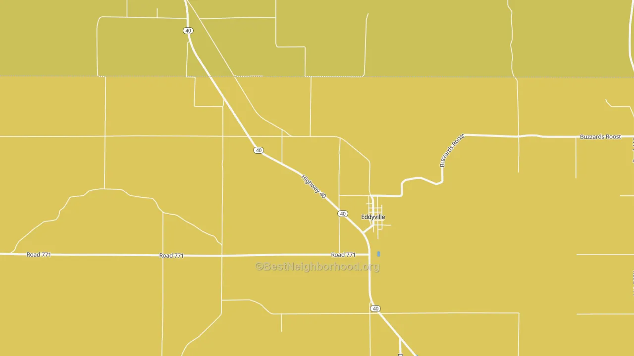 Map of the best neighborhoods in the 68834 area, with better matches in green and worse matches in red
