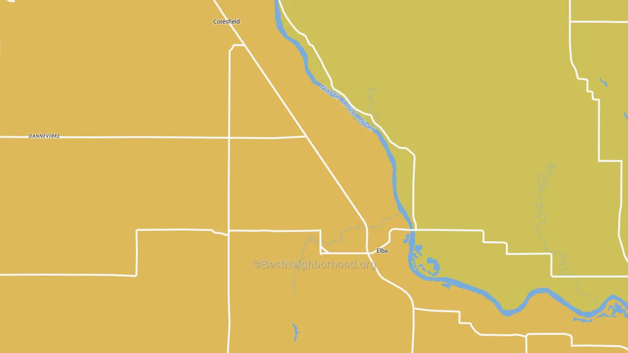 Map of the best neighborhoods in the 68835 area, with better matches in green and worse matches in red
