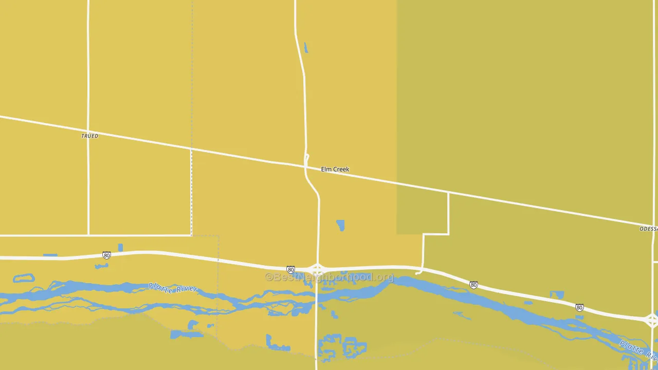 Map of the best neighborhoods in the 68836 area, with better matches in green and worse matches in red