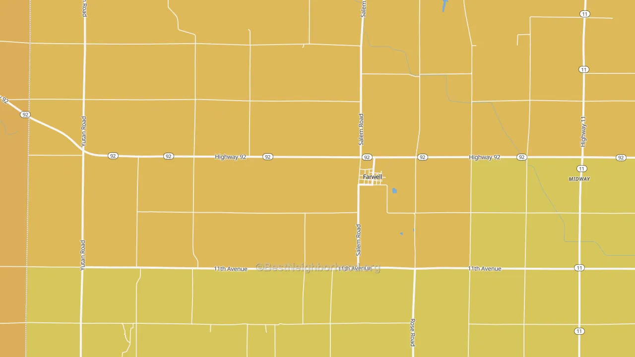 Map of the best neighborhoods in the 68838 area, with better matches in green and worse matches in red