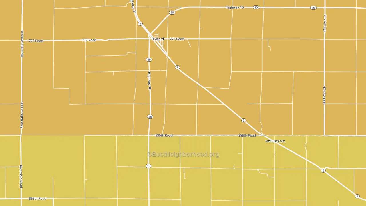 Map of the best neighborhoods in the 68844 area, with better matches in green and worse matches in red