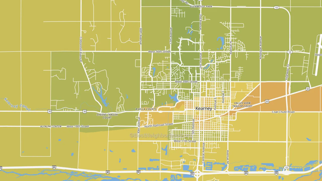 Map of the best neighborhoods in the 68845 area, with better matches in green and worse matches in red