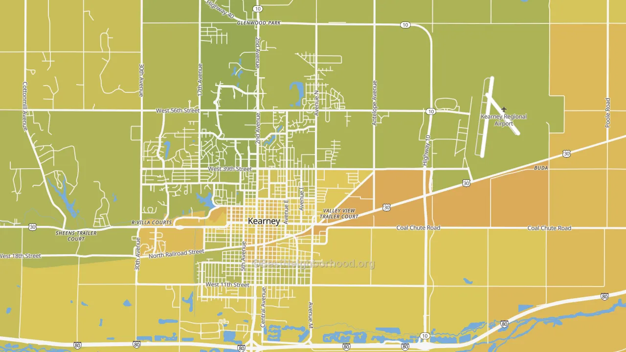 Map of the best neighborhoods in the 68847 area, with better matches in green and worse matches in red