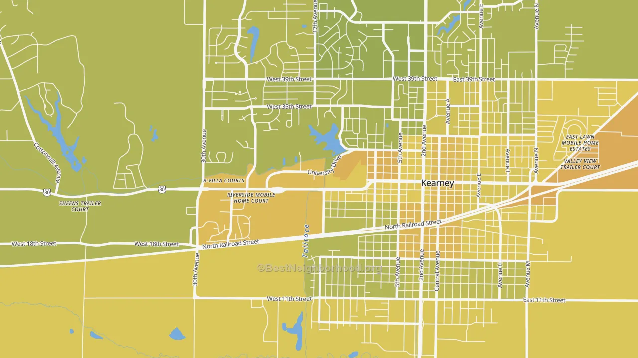 Map of the best neighborhoods in the 68849 area, with better matches in green and worse matches in red