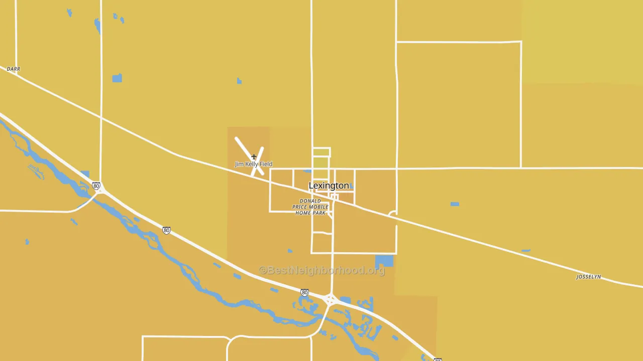 Map of the best neighborhoods in the 68850 area, with better matches in green and worse matches in red