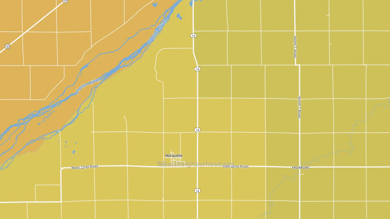 Map of the best neighborhoods in the 68854 area, with better matches in green and worse matches in red