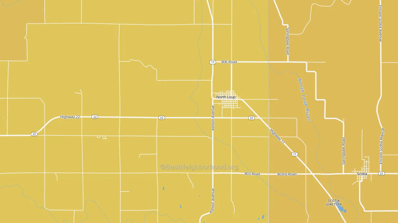 Map of the best neighborhoods in the 68859 area, with better matches in green and worse matches in red