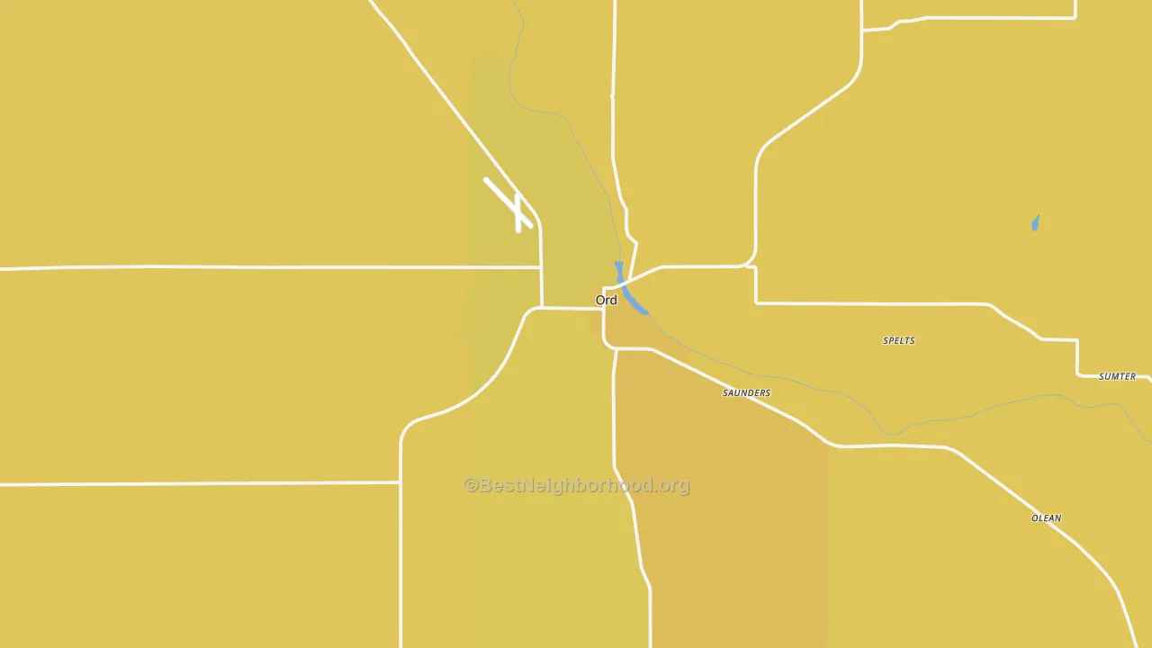 Map of the best neighborhoods in the 68862 area, with better matches in green and worse matches in red