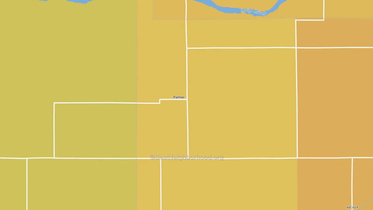 Map of the best neighborhoods in the 68864 area, with better matches in green and worse matches in red